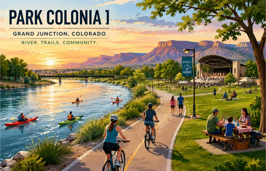 Visitors enjoying riverside trails, outdoor activities, and scenic views at park colonia I in Grand Junction.