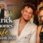Patrick Mahomes and Brittany Mahomes smiling together at an event, with text overlay reading “Patrick Mahomes’ Wife Net Worth 2026” and a smaller image of Brittany standing on a football field.