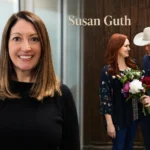 Susan Guth profile photo composite — woman in black sweater smiling at camera alongside a couple posing near a wooden door, man wearing white cowboy hat