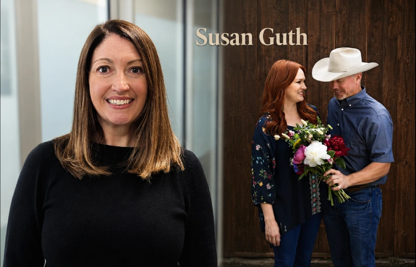 Susan Guth profile photo composite — woman in black sweater smiling at camera alongside a couple posing near a wooden door, man wearing white cowboy hat
