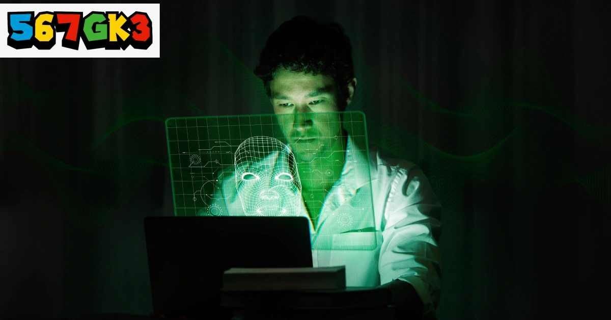 567gk3 cybersecurity expert analyzing digital code on laptop with holographic interface displaying mysterious 567gk3 encryption protocols