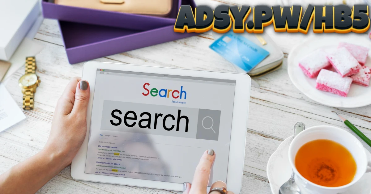 Person using tablet to search for adsy.pw/hb5 content placement platform on Google search engine for digital marketing