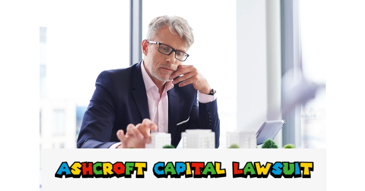 Businessman analyzing Ashcroft Capital lawsuit documents and investment reports at office desk