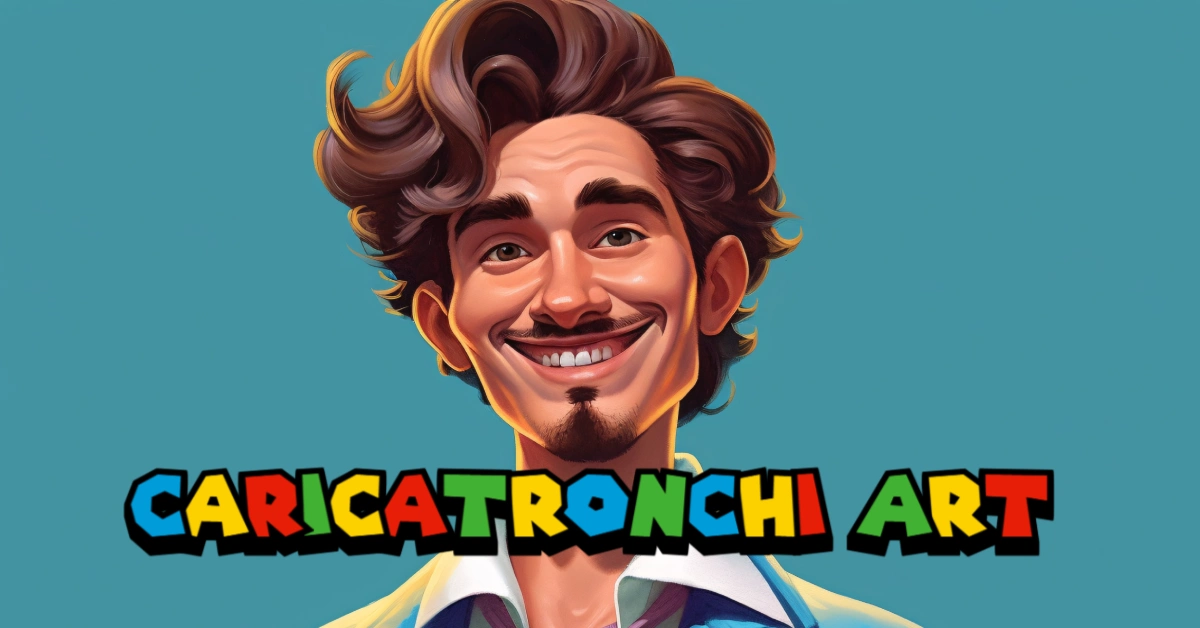 Caricatronchi art example showing exaggerated facial features and bold colors in Italian digital caricature style
