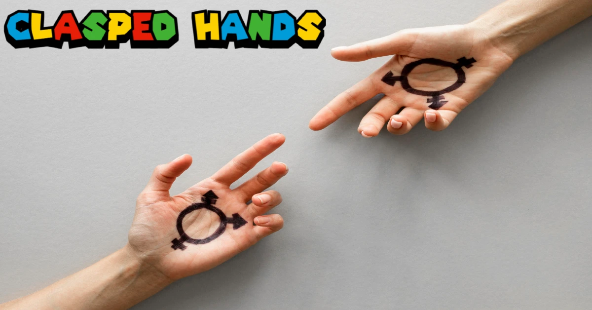 Two open hands with male and female gender symbols reaching toward each other, representing clasped hands symbolism and unity