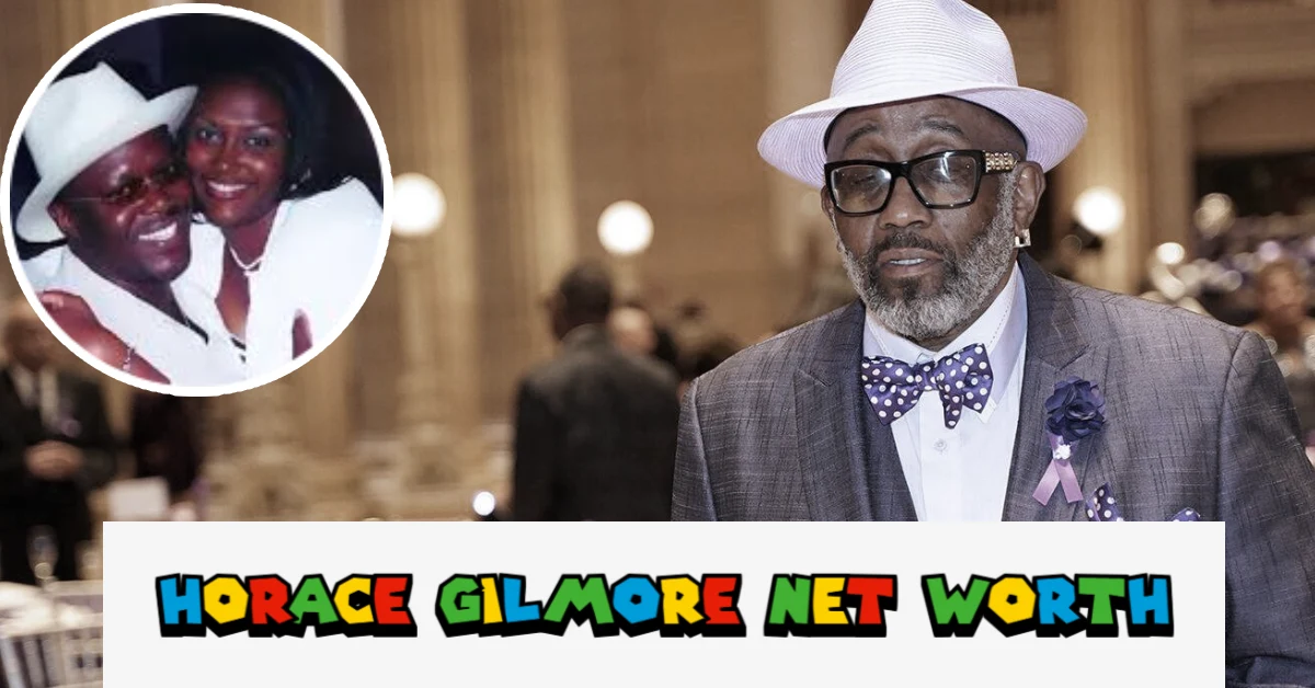 Horace Gilmore in formal attire with bow tie and glasses, with inset photo showing him with Rhonda McCullough at their wedding celebration