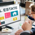 Professional investor analyzing invest1now.com real estate platform on computer screen with property investment icons
