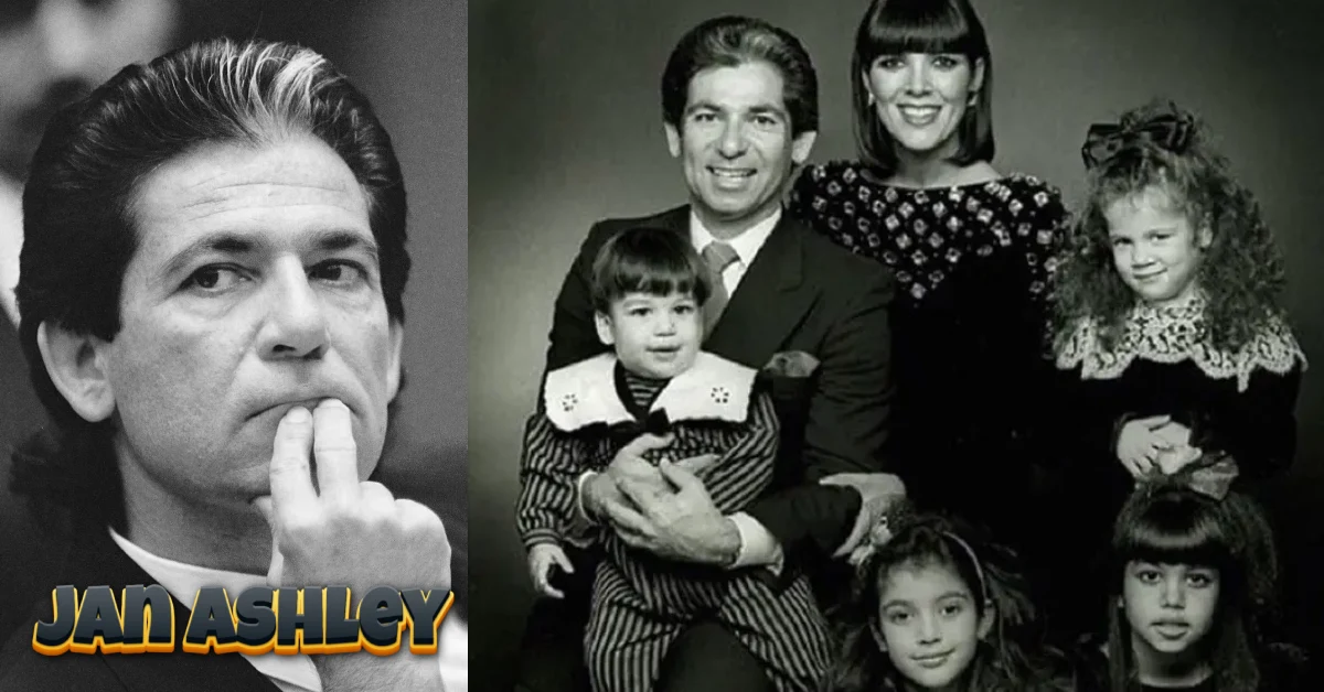 Jan Ashley and Robert Kardashian Sr. family photo showing Robert with Kris Jenner and their children including young Khloe, Kim, and Kourtney Kardashian during their marriage in the 1980s