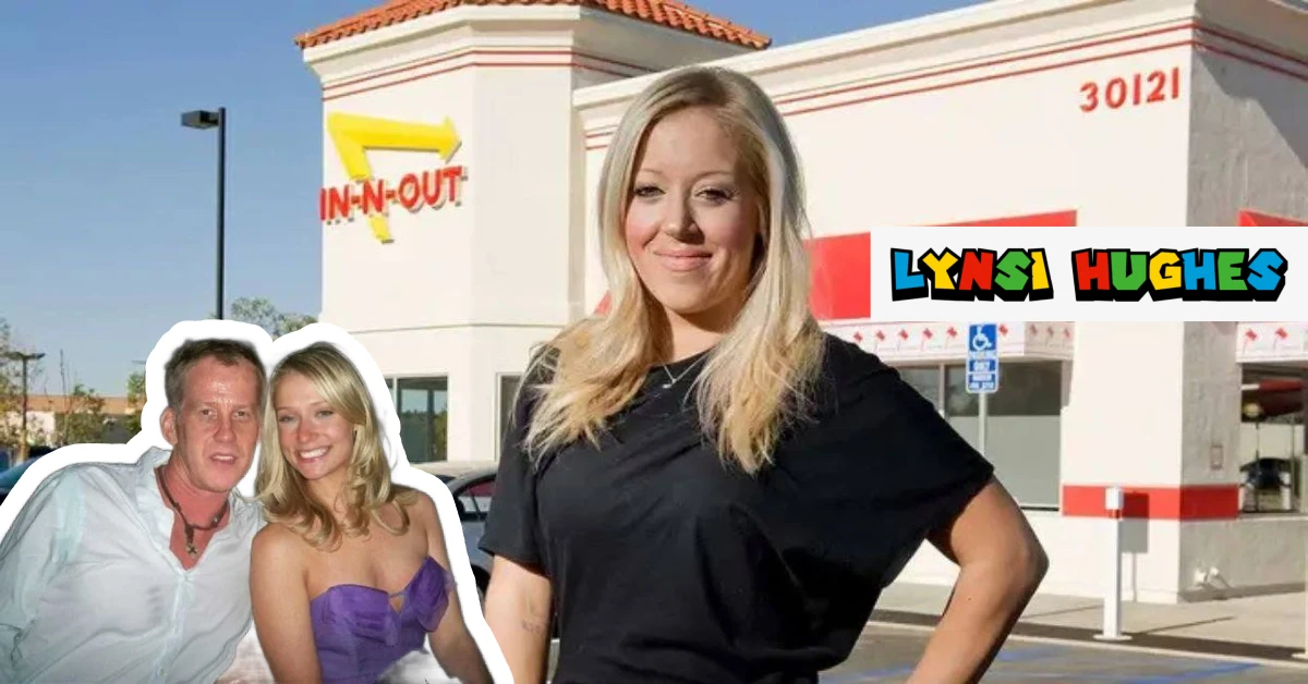 Lynsi Hughes standing outside In-N-Out restaurant with inset photo showing her and husband Gregg Opie Hughes together