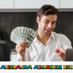 Young entrepreneur holding cash while using laptop for make1m.com millionaire life wealth building strategies at home