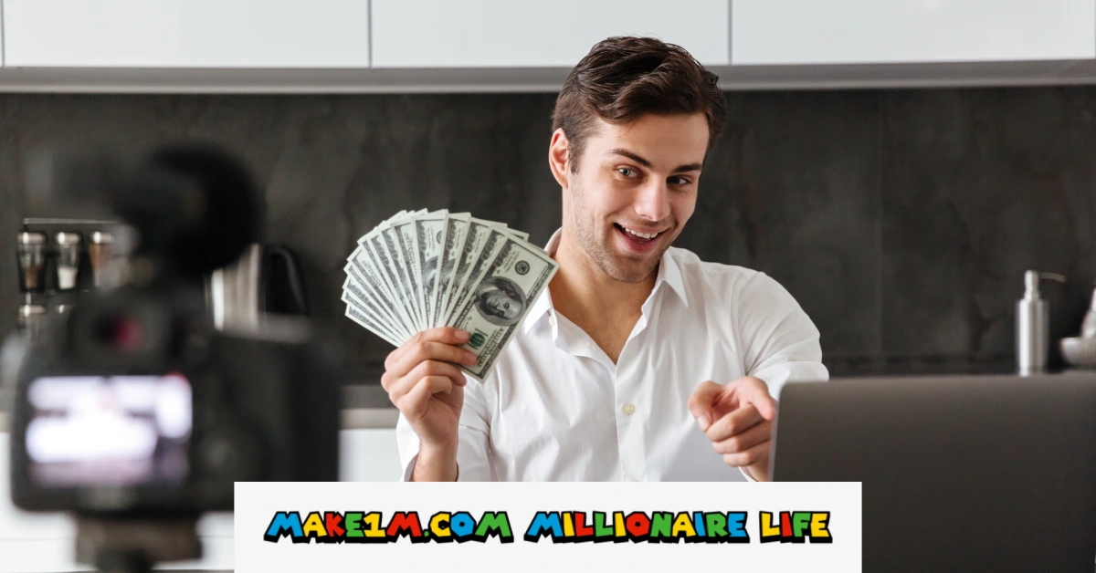 Young entrepreneur holding cash while using laptop for make1m.com millionaire life wealth building strategies at home