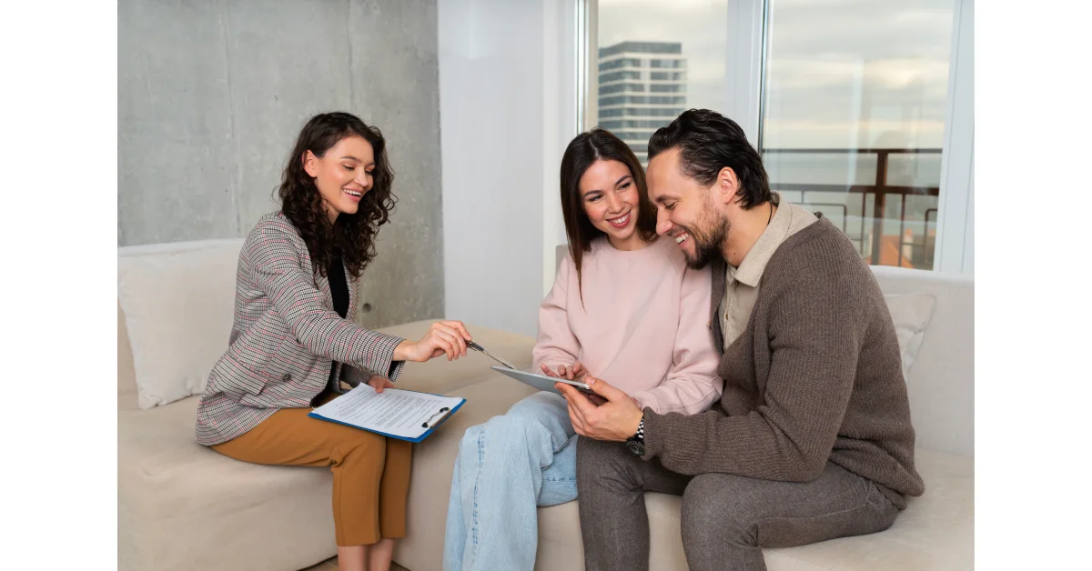 MyFastBroker mortgage brokers meeting with couple clients in modern office discussing home loan options and paperwork