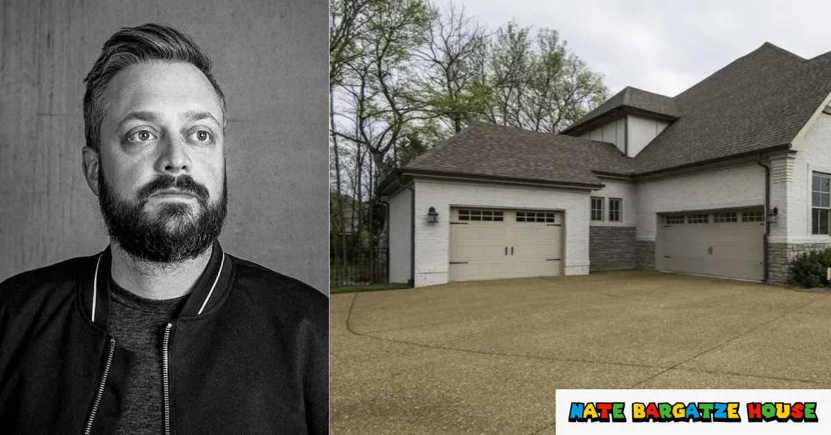 Nate Bargatze house exterior view showing comedian's Brentwood Tennessee home with three-car garage and modern design