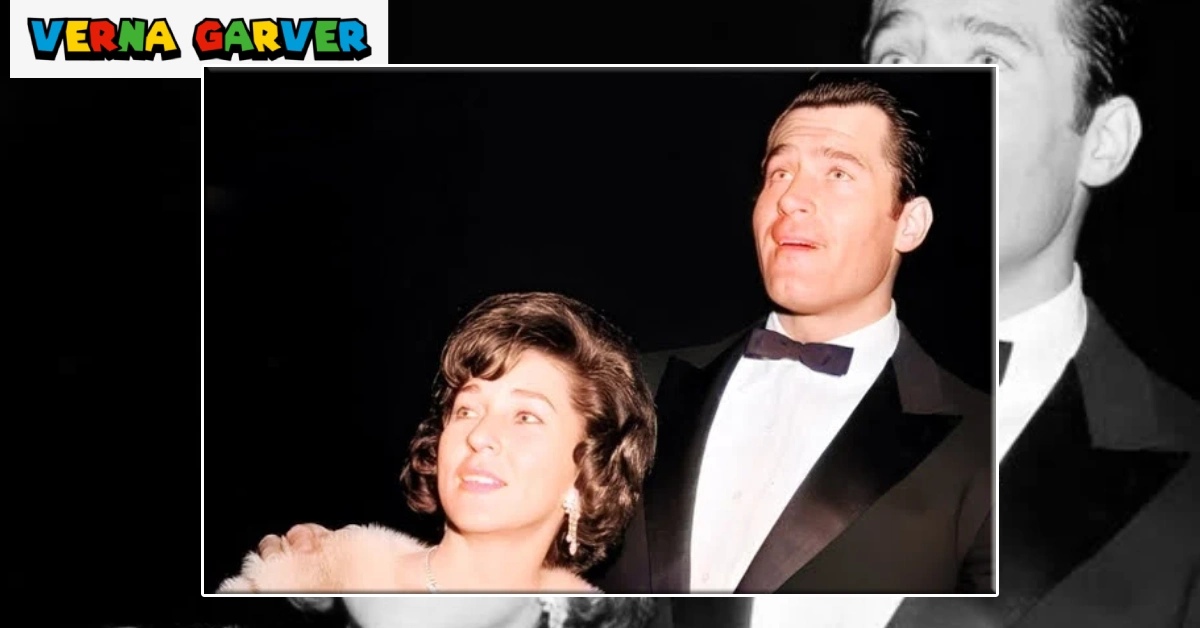 Verna Garver and Clint Walker at a formal Hollywood event in the 1950s, both dressed in elegant evening wear