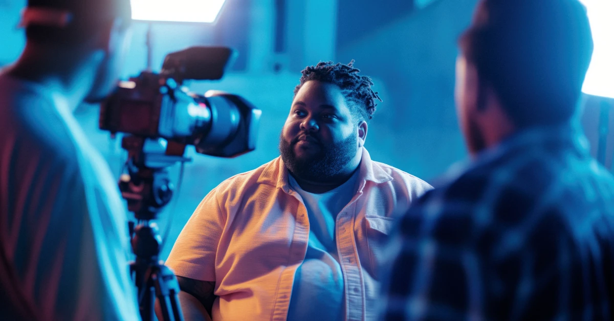 Professional video&a content creator directing filming session with camera equipment and blue lighting setup
