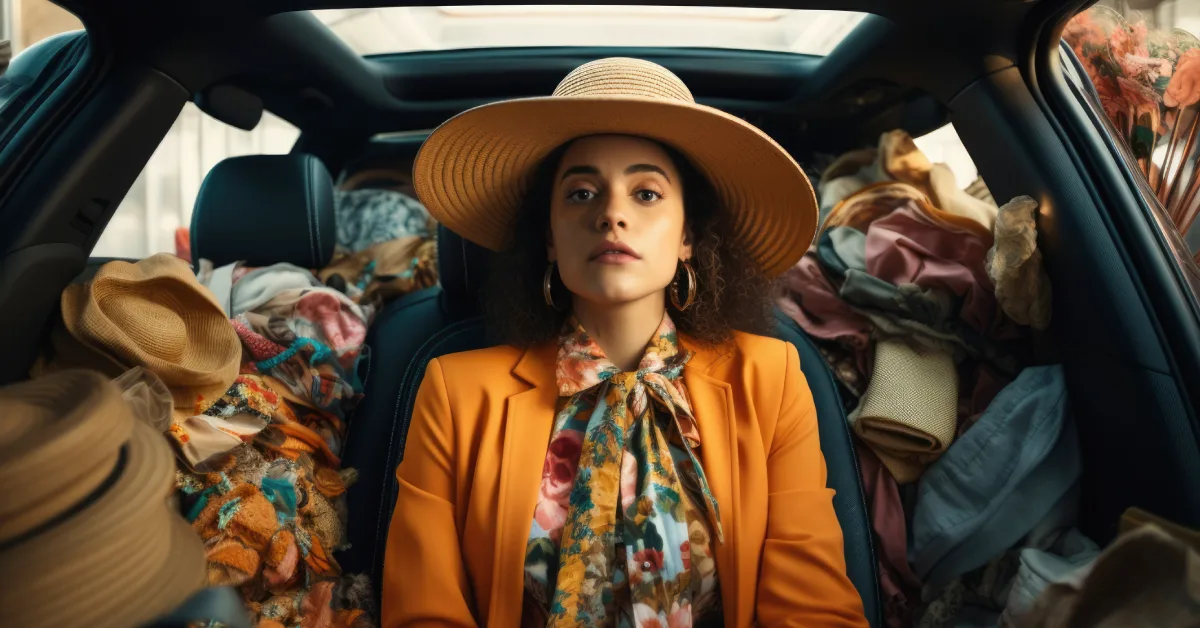 Stylish woman sitting in blazertje SUV interior with luxury shopping bags and accessories in Qatar