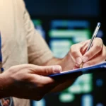 Healthcare professional writing protocolo operacional padrao documentation on clipboard in medical facility