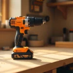 YWMLFZ 48W cordless drill on wooden workbench in workshop setting with tools and wood projects