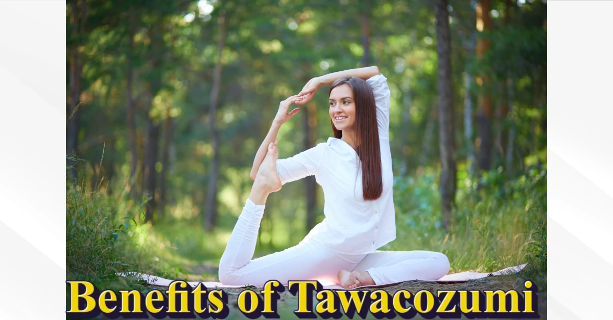 Woman practicing tawacozumi stretching pose outdoors in white clothing demonstrating the benefits of tawacozumi for flexibility and wellness