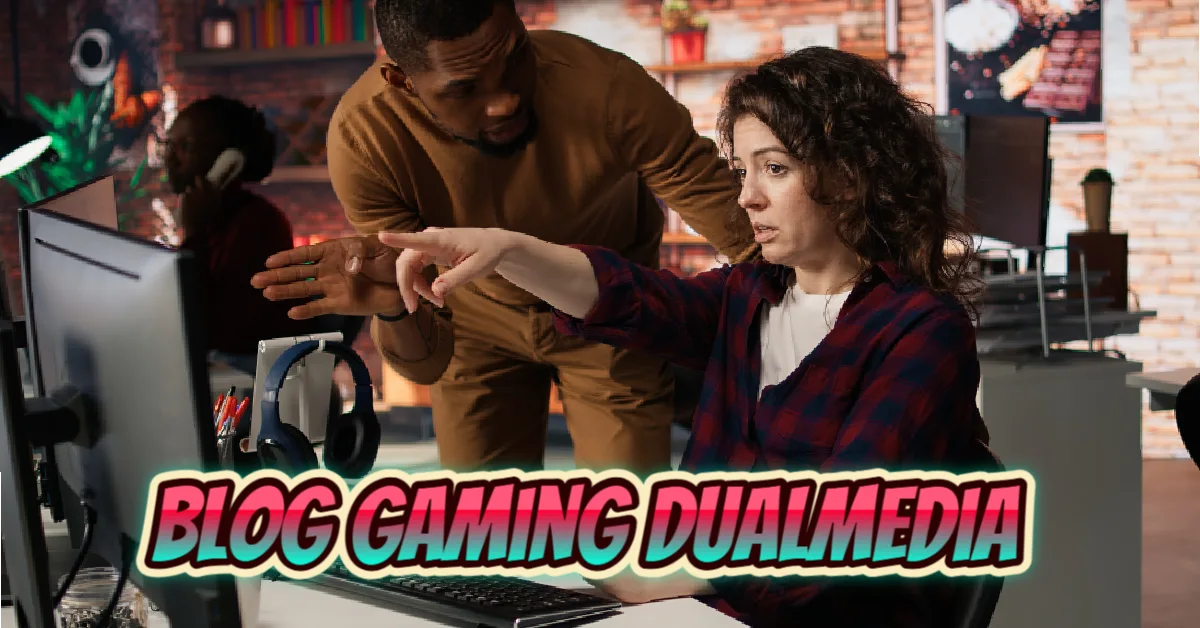 Two gamers collaborating on blog gaming dualmedia content creation in a modern gaming setup with multiple monitors