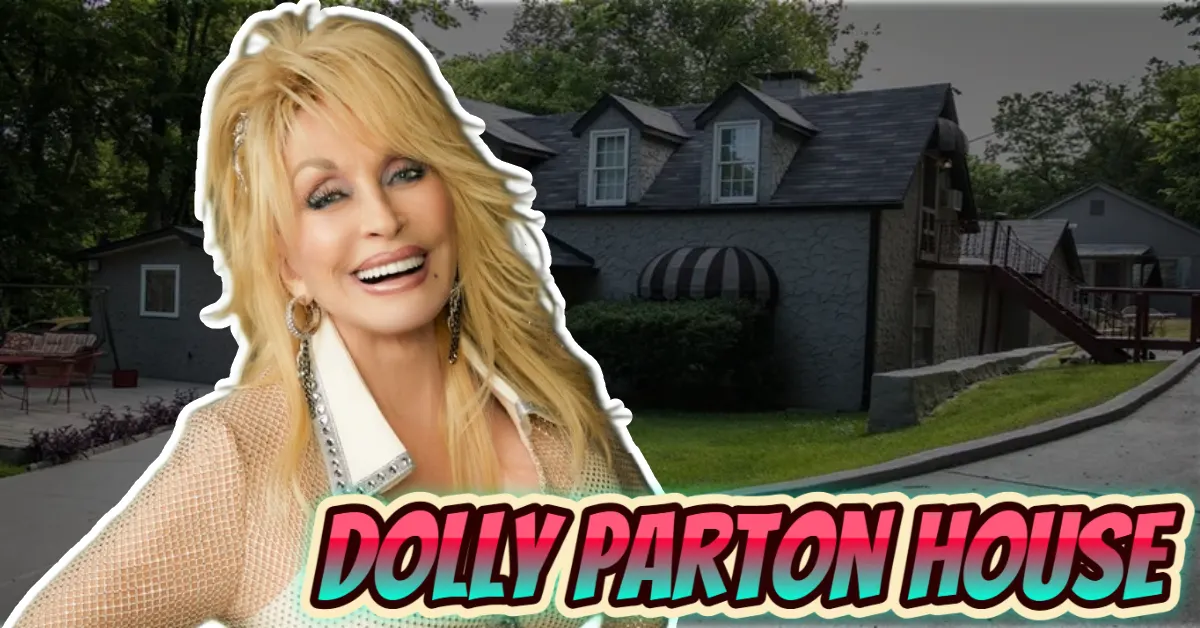 Dolly Parton house - Country music star standing in front of her Brentwood Tennessee estate with black exterior and dormer windows