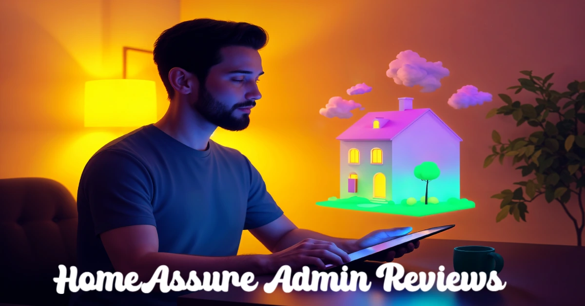 HomeAssure admin reviews analysis showing man researching home warranty coverage options on tablet with house illustration