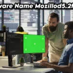 Two professionals collaborating on new software name mozillod5.2f5 displayed on computer screen in modern office workspace environment