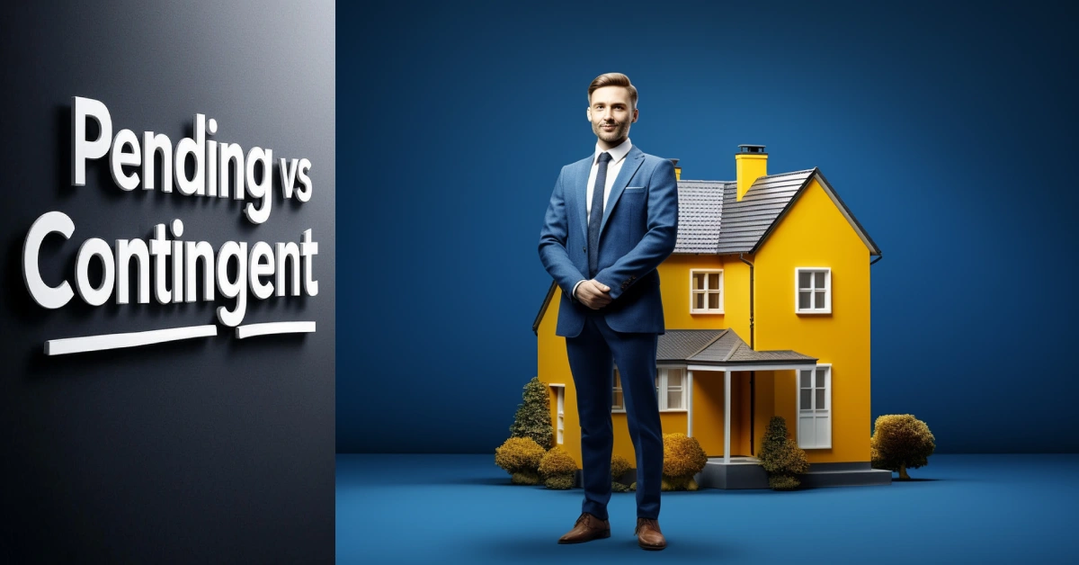Professional real estate agent in blue suit standing next to yellow house with 'Pending vs Contingent' text overlay on blue background