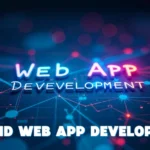 Rapid Web App Development concept image showing futuristic digital network with glowing blue and pink neon lights, interconnected nodes, and web app development text overlay on dark tech background