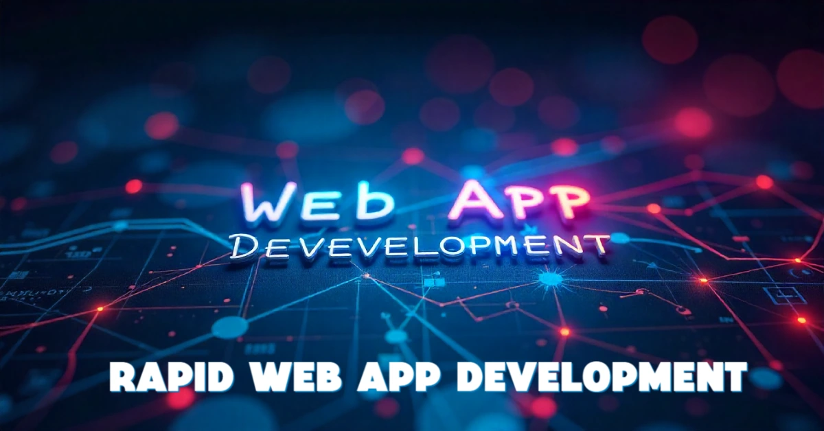 Rapid Web App Development concept image showing futuristic digital network with glowing blue and pink neon lights, interconnected nodes, and web app development text overlay on dark tech background