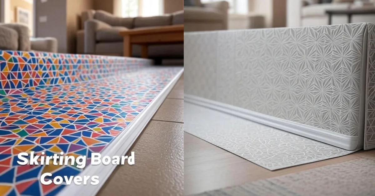 Decorative white skirting board covers with geometric patterns in modern living room featuring colorful mosaic table surface