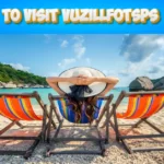 Tropical beach scene with colorful striped beach chairs and person relaxing, featuring 'To Visit Vuzillfotsps' text overlay on blue sky background