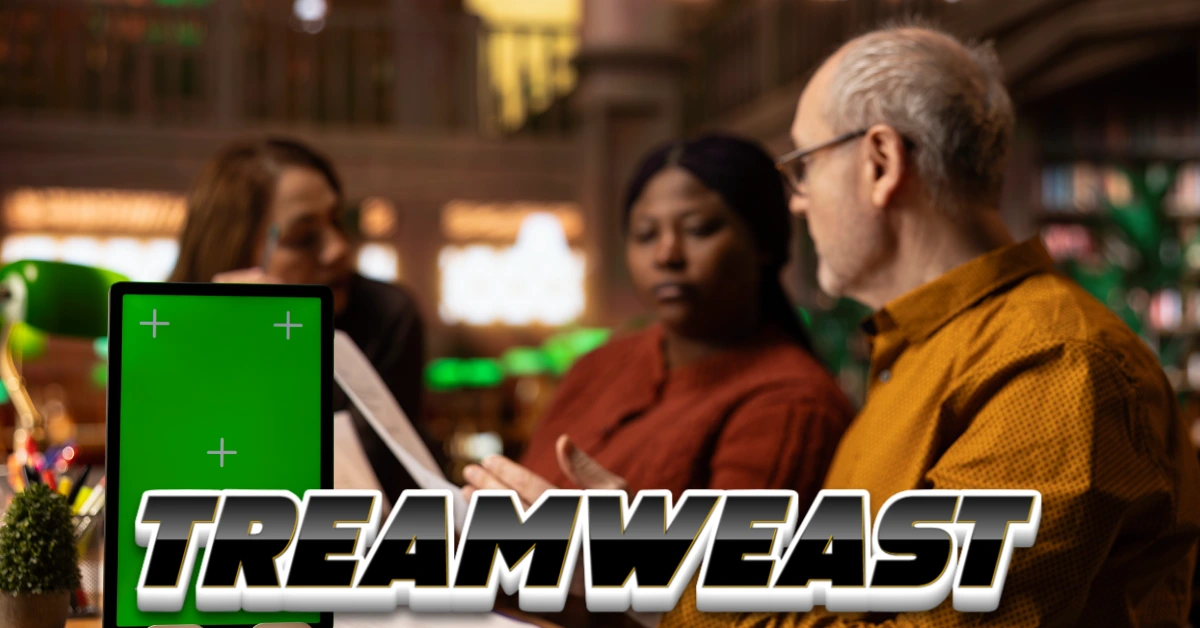 Treamweast logo displayed over people collaborating in a modern workspace, showcasing the platform's dual streaming and productivity features