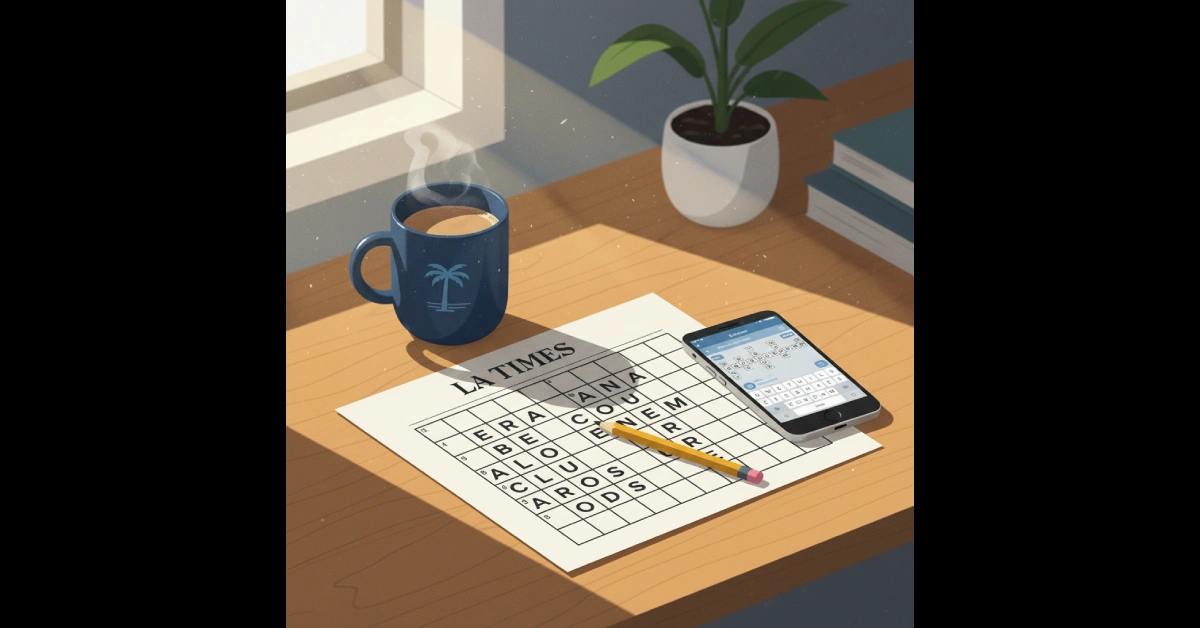 LA Times crossword puzzle grid partially filled with answers, pencil and coffee cup on desk with crossword solving resources