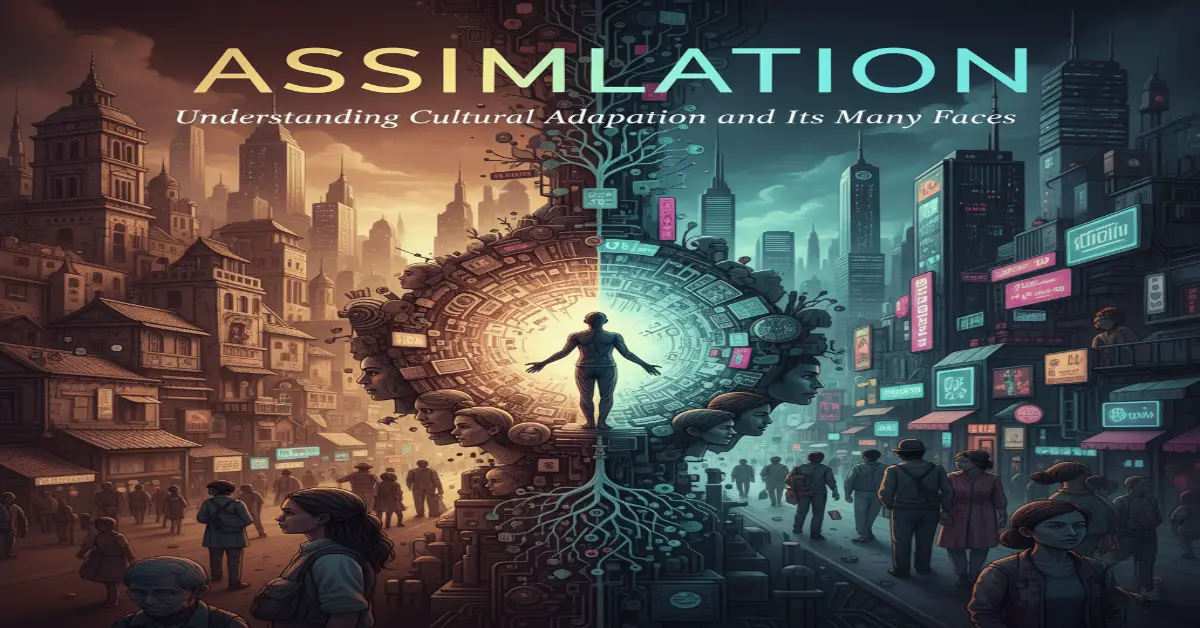 Assimilasjon process showing immigrants adapting to new culture while keeping their heritage