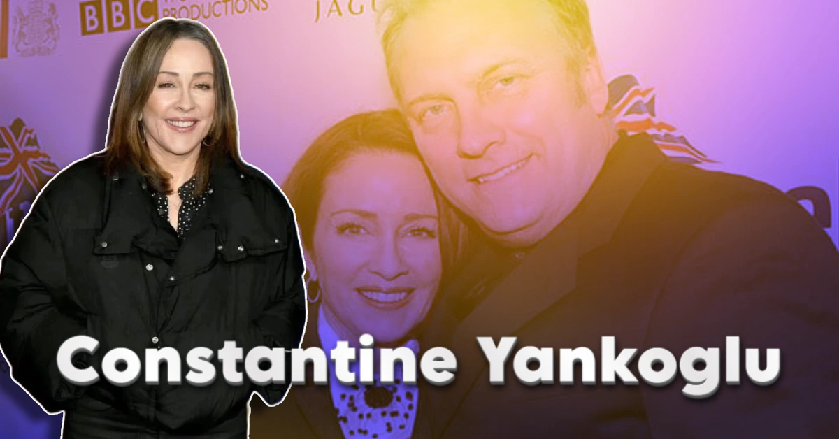 Promotional image featuring the name Constantine Yankoglu prominently displayed, with a woman in black attire on the left and a couple against a purple-tinted background on the right