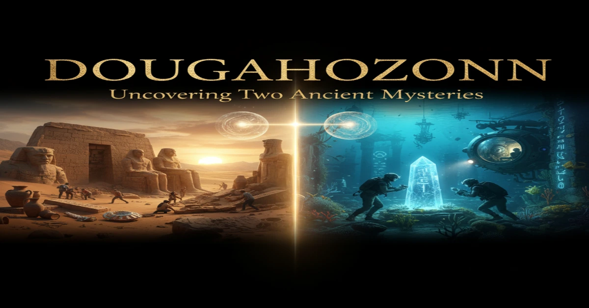 Dougahozonn mystery illustrated: Ancient temple ruins and underwater cosmic scene representing Dogon and Dagon mythologies