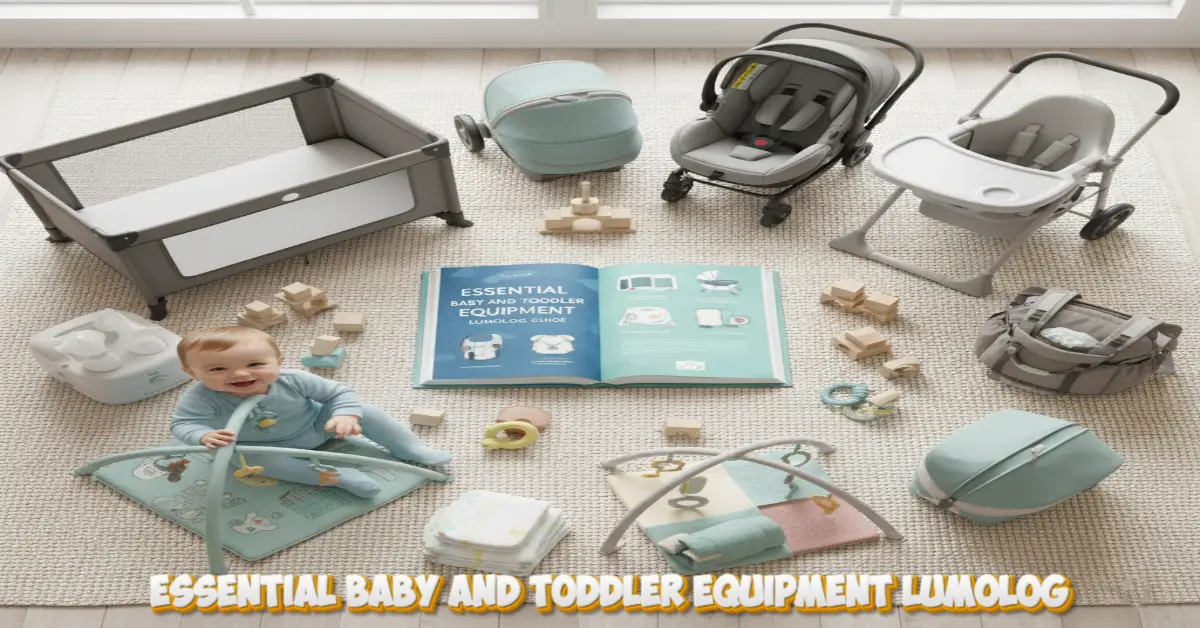 Essential baby and toddler equipment Lumolog display including crib, car seats, play mats, and baby care items on nursery floor