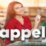 Professional woman in red blazer holding smartphone with Fappelo digital platform overlay graphics showing business communication icons