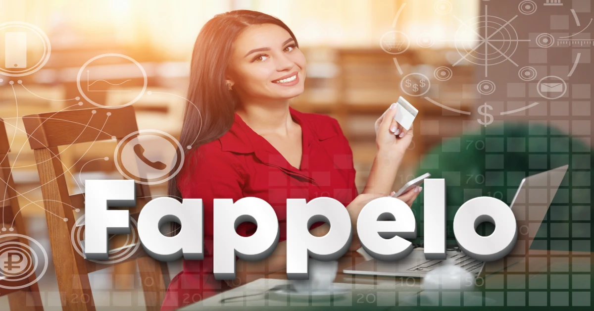 Professional woman in red blazer holding smartphone with Fappelo digital platform overlay graphics showing business communication icons
