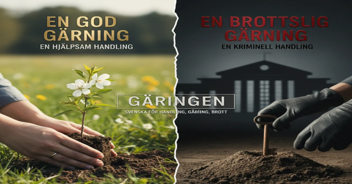 A split image showing hands planting a tree (good deed) on one side, and hands placing a hidden object in dirt (criminal act) with a courthouse silhouette on the other, representing the Swedish word "Gärningen."