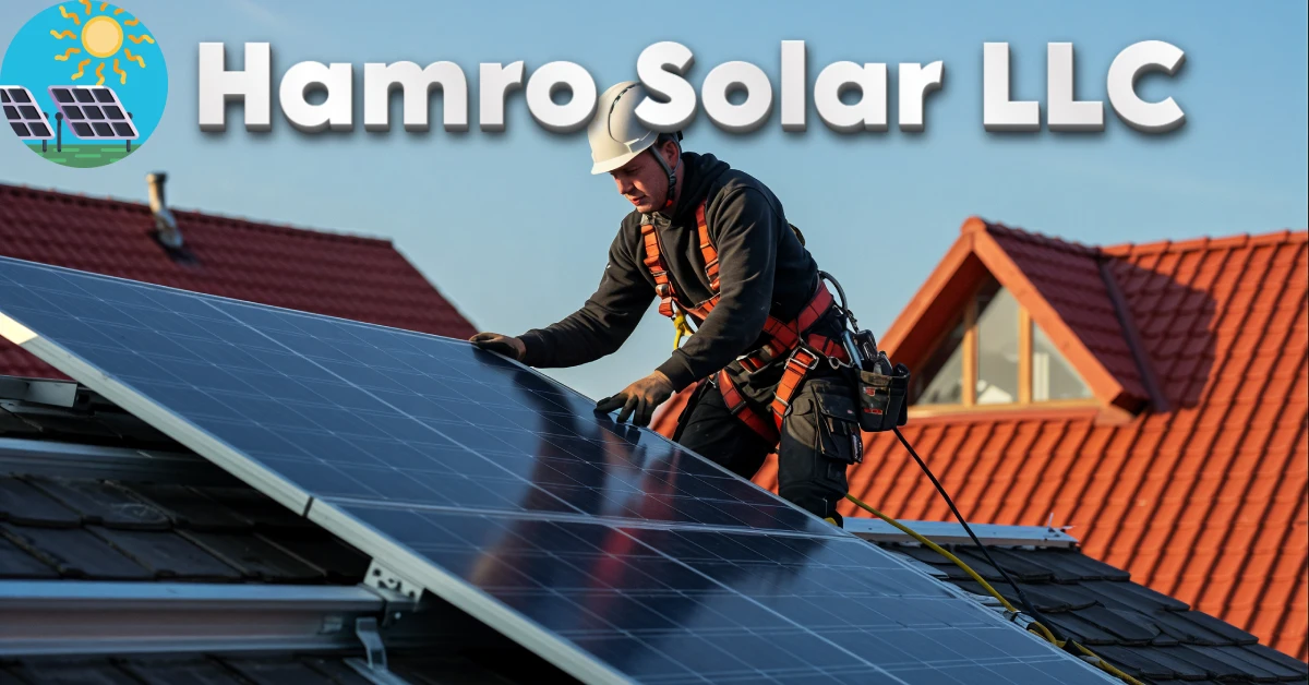 Hamro Solar LLC professional installer installing solar panels on residential roof with safety equipment and harness