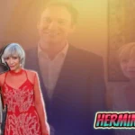 Professional photo showing a man in gray suit and woman in red dress with silver hair, with "Hermine Poitou" text overlay on gradient background
