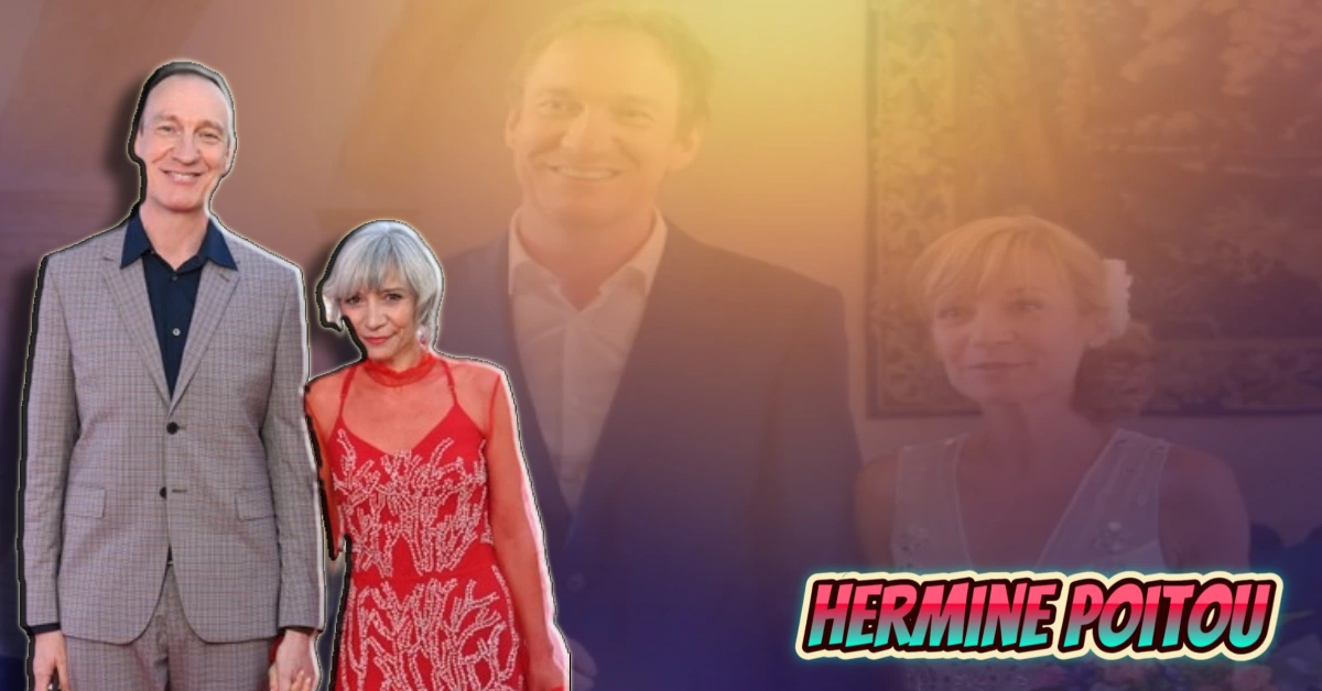 Professional photo showing a man in gray suit and woman in red dress with silver hair, with "Hermine Poitou" text overlay on gradient background