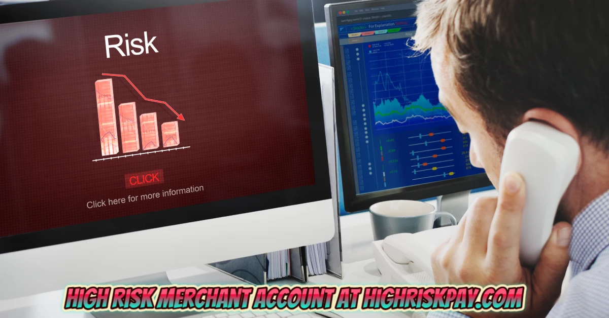 Business professional analyzing high risk merchant account data at HighRiskPay.com on computer screens showing financial charts