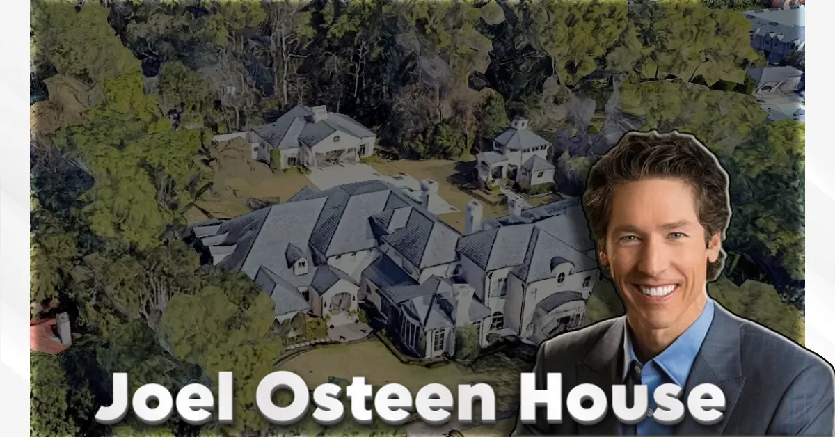 Aerial view of Joel Osteen house showing large mansion with multiple wings surrounded by trees in River Oaks Houston with pastor portrait