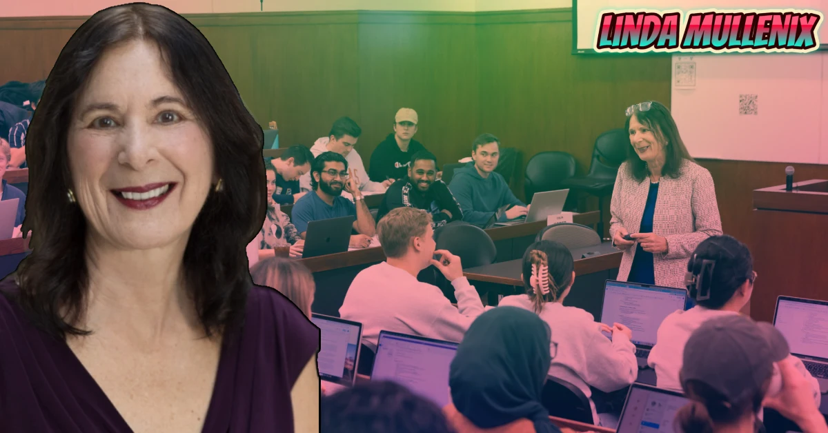 Linda Mullenix teaching law students in classroom at University of Texas School of Law