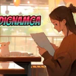 Girl reading manga on MyReadignamga platform in cozy cafe with cat
