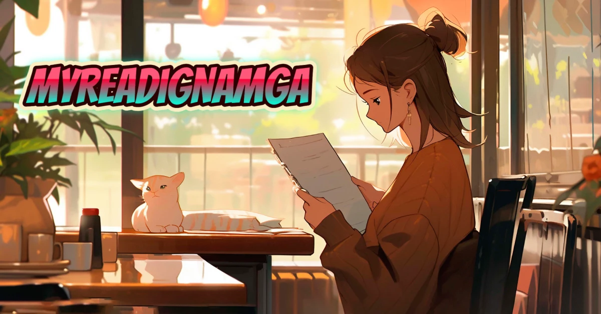 Girl reading manga on MyReadignamga platform in cozy cafe with cat