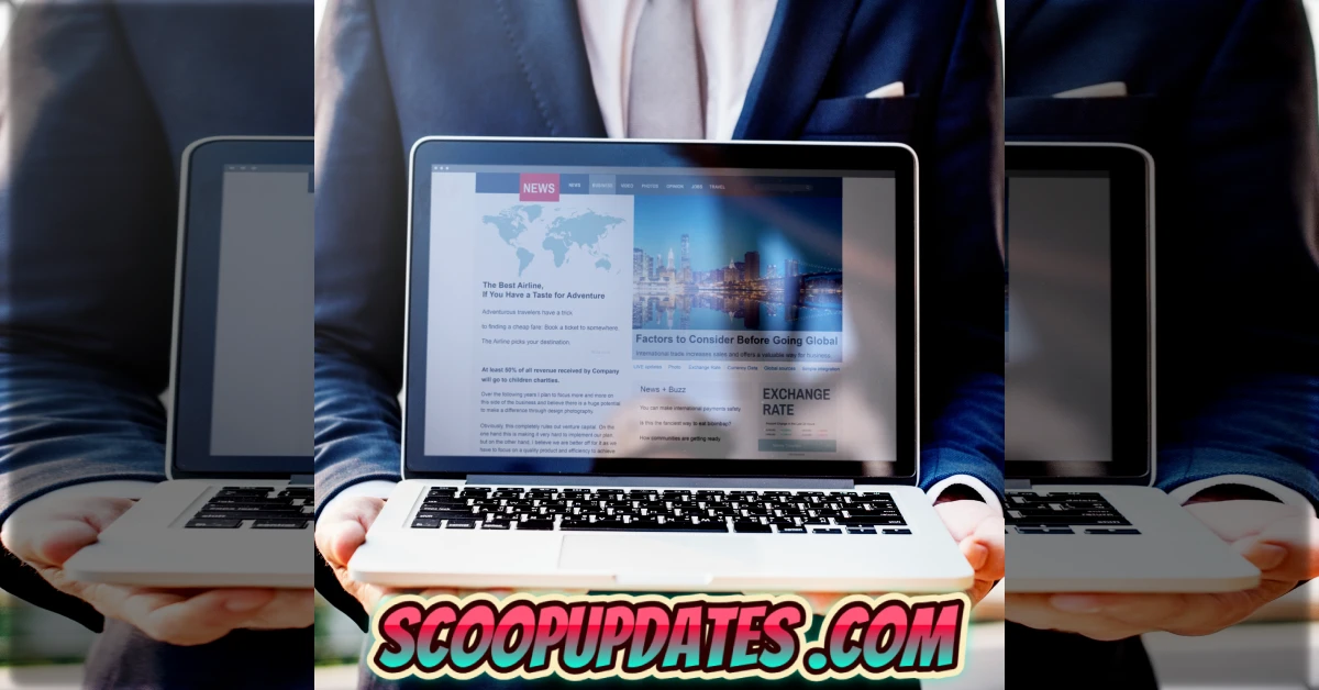 Business professionals using laptops to access scoopupdates .com news platform website interface